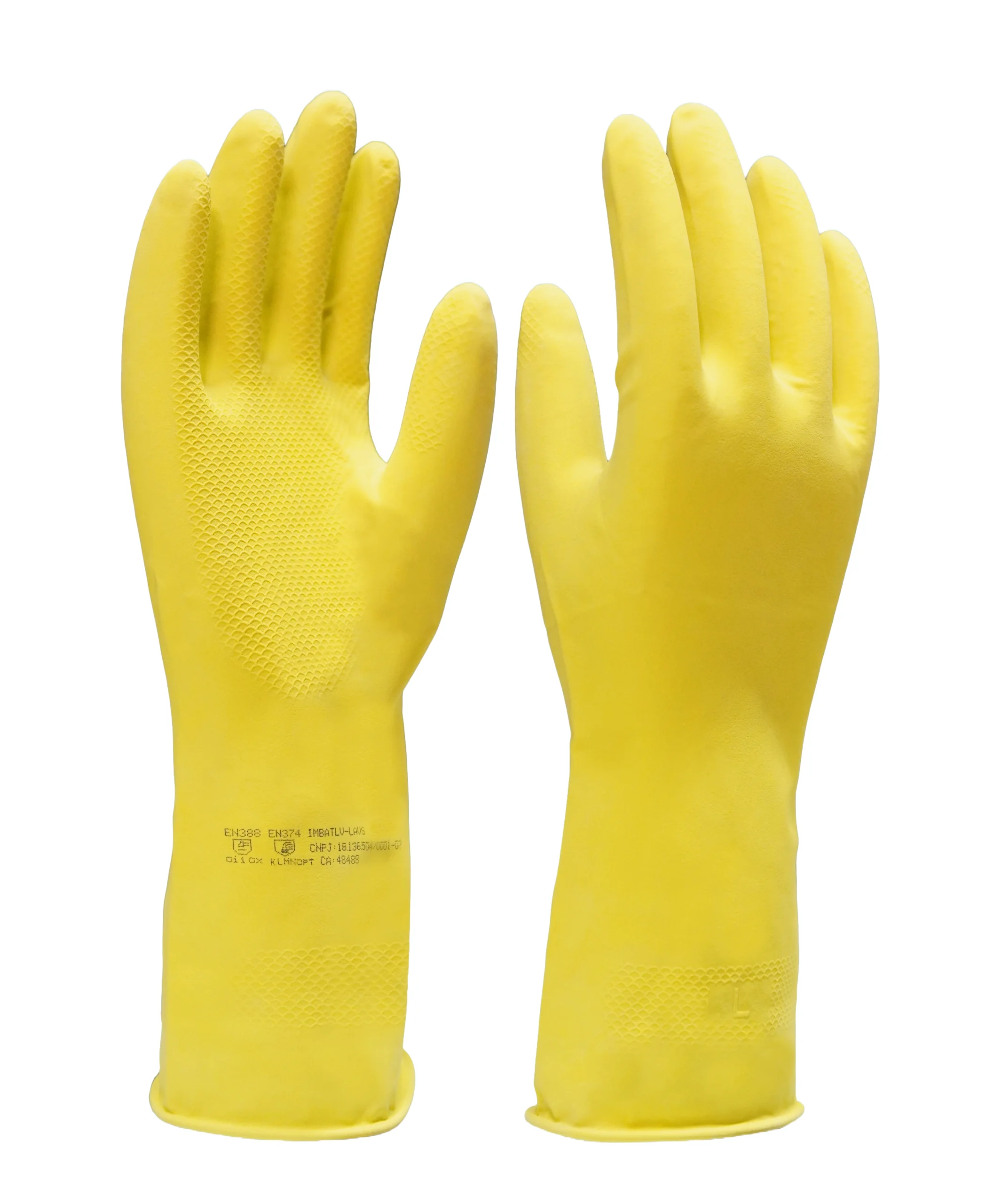 Luva de segurança confeccionada em látex natural na cor amarela, revestimento interno em verniz Silver, antiderrapante na palma e face palmar dos dedos. Tamanhos꞉ 7, 8, 9 e 10