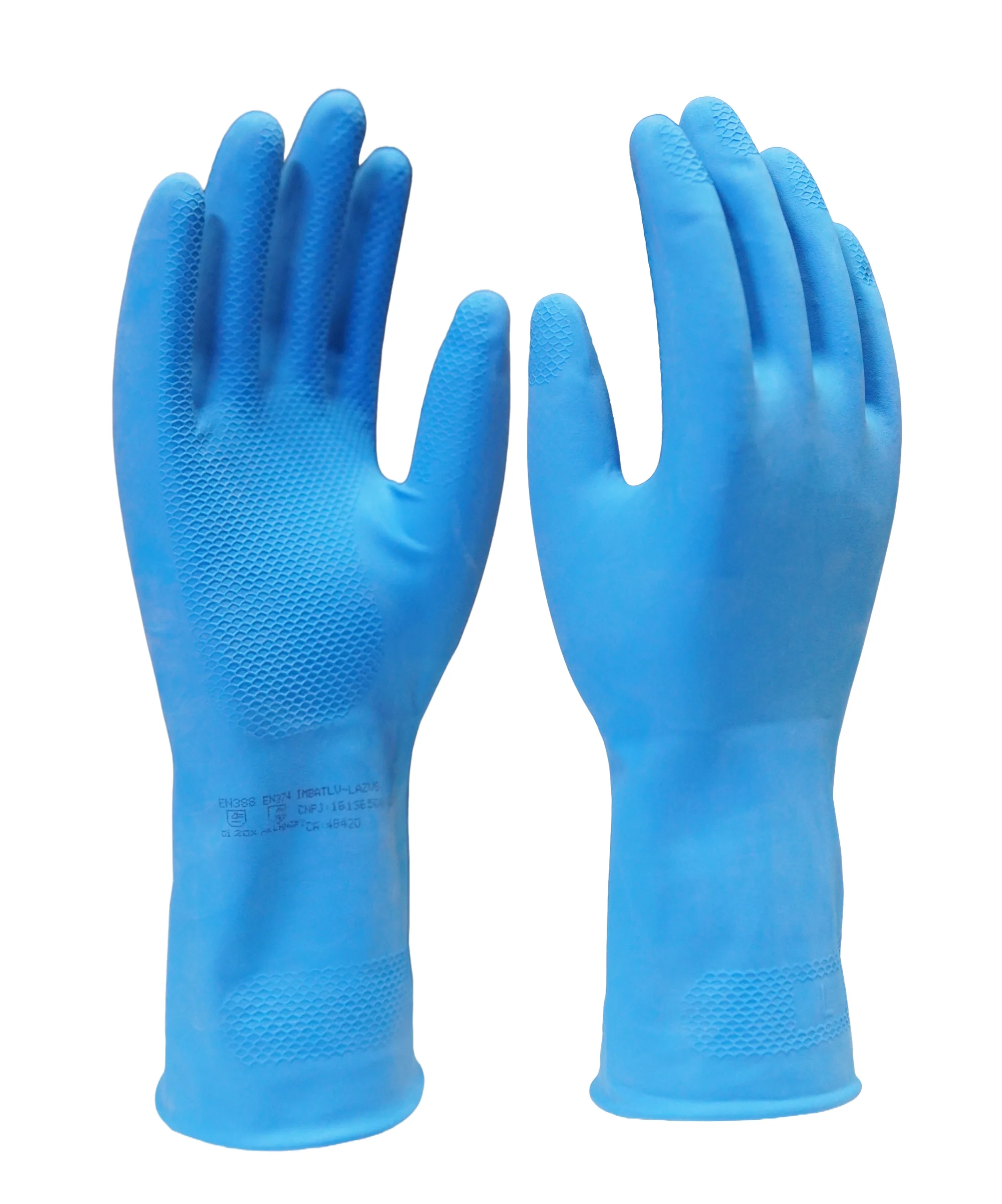 Luva de segurança confeccionada em látex natural na cor azul, revestimento interno em verniz Silver, antiderrapante na palma e face palmar dos dedos. Tamanhos꞉ 7, 8, 9 e 10.