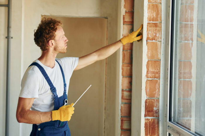 Homem trabalhando de luva em construção